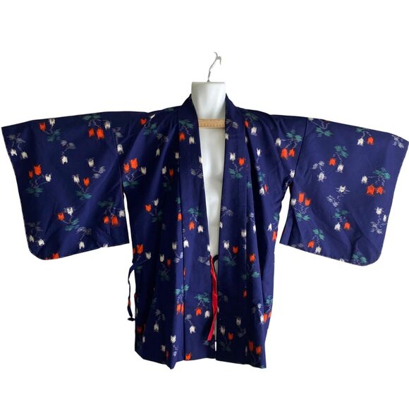 Vtg AI Kimono Jacket Womens Medium Navy Blue Red Floral Print Yukata Robe Japan - Picture 1 of 9